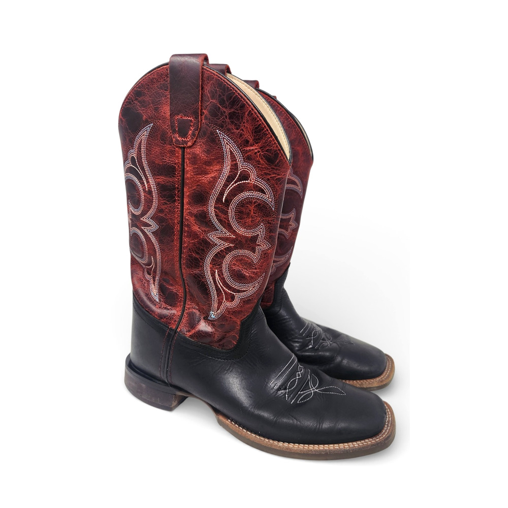 Old West Boys 6.5 Western Broad Square Toe Boots Black/Burnt Red Leather Cowboy
